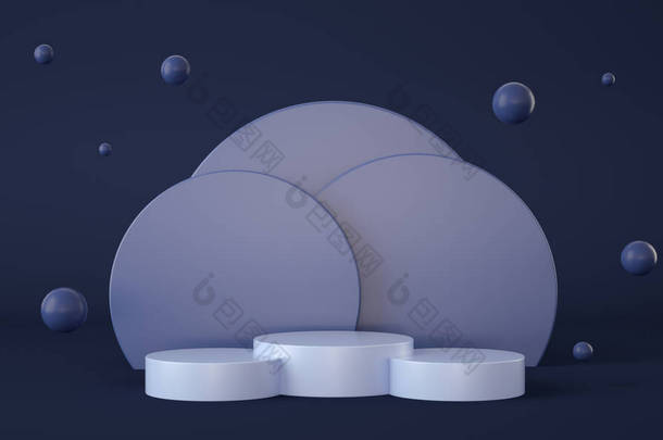 空荡荡的蓝色讲台，背景为圆形，球体飘浮。产品介绍。3D渲染
