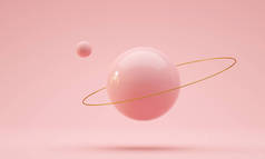 带金环和轨道球体的浮球。粉红色的颜色3D渲染