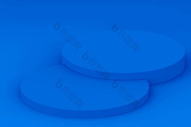3D蓝色圆筒讲台最小工作室背景。摘要三维几何<strong>形体</strong>图解绘制.技术产品的展示.