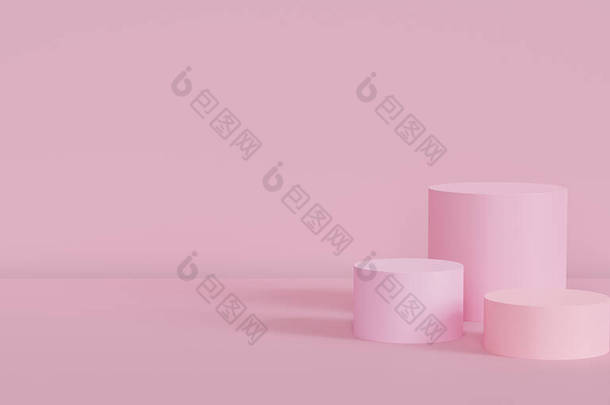 Pink podiums or pedestals for products or advertising on pastel banner background with copy space, 3