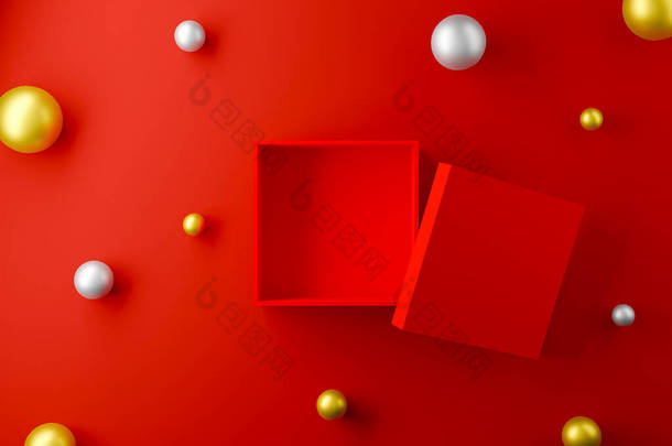 红色的盒子在红色的背景上打开,<strong>球体</strong>呈金银色.3d说明