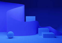蓝色霓虹灯背景。背景抽象几何元素。蓝色背景上的三维球和平行四边形。带有霓虹灯光芒的纹理图案。产品展示会摊位