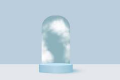 在白雾或白云之间蓝色背景上的抽象而现实的圆柱形讲台.