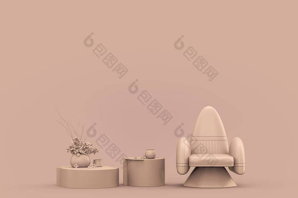 <strong>单张</strong>扶手椅和单色单色红褐色咖啡桌，粉红色内室，墙壁空旷，3D渲染，无人，复制空间