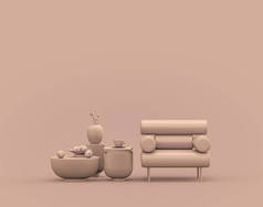 单张扶手椅和单色单色红褐色咖啡桌，粉红色内室，墙壁空旷，3D渲染，无人，复制空间