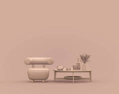 单张扶手椅和单色单色红褐色咖啡桌，粉红色内室，墙壁空旷，3D渲染，无人，复制空间