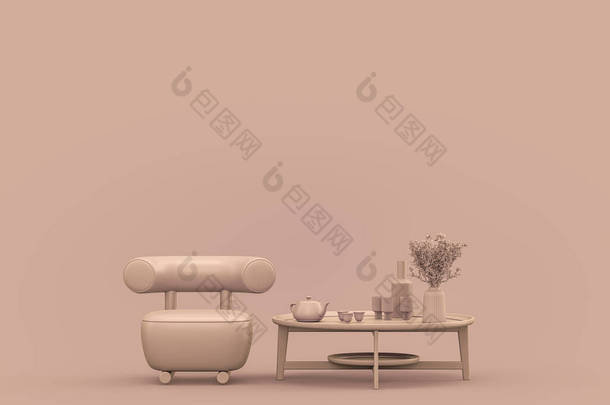 <strong>单张</strong>扶手椅和单色单色红褐色咖啡桌，粉红色内室，墙壁空旷，3D渲染，无人，复制空间
