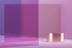 产品介绍或品牌背景,香槟金属平台和紫色玻璃堆叠.3d渲染