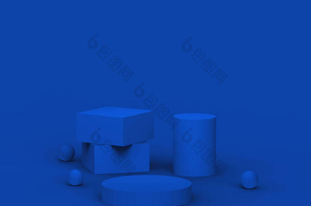 3D蓝领台现代最小设计工作室背景。摘要三维<strong>几何形</strong>体图解绘制.情人节产品的展示.