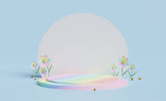 圆筒台空与花，球在蓝色的石灰组合。夏季装饰概念，抽象展示背景，3D插图或3D渲染