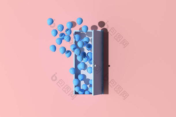 粉色<strong>墙壁</strong>背景上的蓝色门和漂浮气球的最小场景。3d渲染.