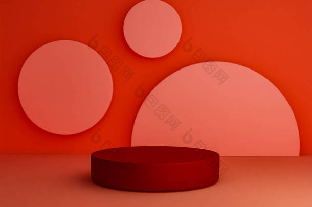 带有红色讲台的场景，以简约风格和复制空间进行模拟演示，3D渲染抽象的背景设计