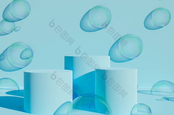 蓝色圆<strong>柱</strong>形讲台，用于<strong>产品展示</strong>，四周环绕着彩色气泡。3D渲染
