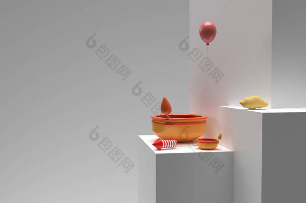 3D渲染油灯-展示产品Diwali节日广告<strong>设计</strong>的最小<strong>彩灯</strong>场景Diya场景.