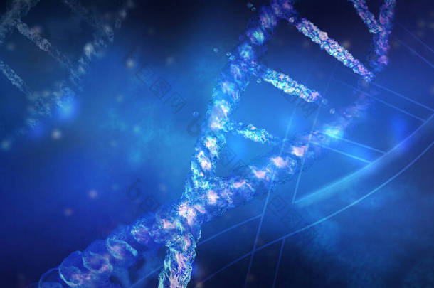 双螺旋DNA链的<strong>碎片</strong>特写，3D渲染.