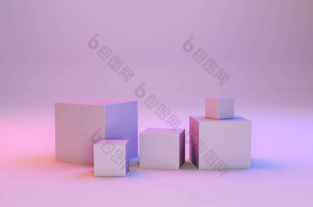 最小的盒子和几何讲台。有几何形状的场景。化妆品展示的空陈列柜。时尚杂志3D渲染.
