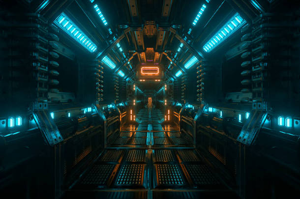 飞入宇宙飞船<strong>隧道</strong>，科幻宇宙飞船走廊。未来技术为技术职称和背景抽象无缝VJ 。网络流量图形，速度。3d说明