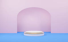 用于现代舞台展示的白色圆柱形讲台，其几何形状为粉红色，造型简约，抽象展示背景，3D插图或3D渲染