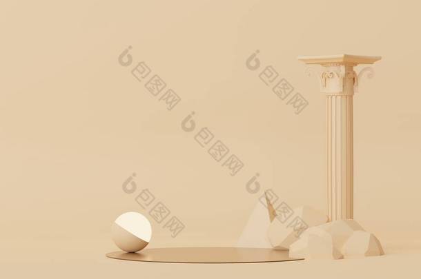 带希腊古代巴洛克柱背景的抽象最小显示平台的三维渲染。模拟和产品展示的立面设计.