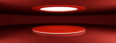 3D渲染的红色空现代陈列室与空白底座和引导照明。产品展示，全景布局