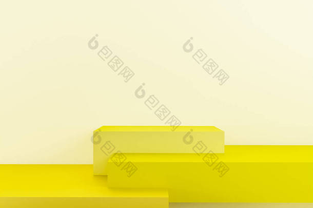 带黄色讲台的场景，以简约风格和复制空间进行模拟演示，3D渲染抽象的背景设计