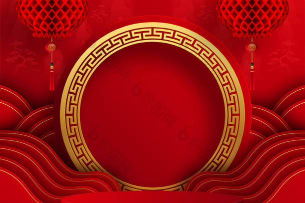 中秋节、中秋节、<strong>红剪纸</strong>、花卉及亚洲元素，背景为工艺风格.