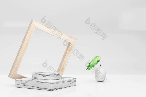 3D 。豪华的白色大理石托盘和木制框架与一个花瓶与Monstera叶的白色背景。舞台模拟展示产品,销售,横幅,折扣,展示,化妆品,报盘.