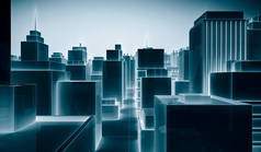 摘要未来城市景观与霓虹灯发光浅白的蓝色。高科技黑暗建筑背景的概念与线条。3D渲染说明