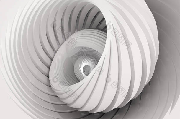 白色灰色背景，螺旋形。以<strong>几何</strong>抽象为背景.白板被扭曲成螺旋形.<strong>光线</strong>的卷曲。合并，改造。扭曲的塑料磁带的纹理。3D图像