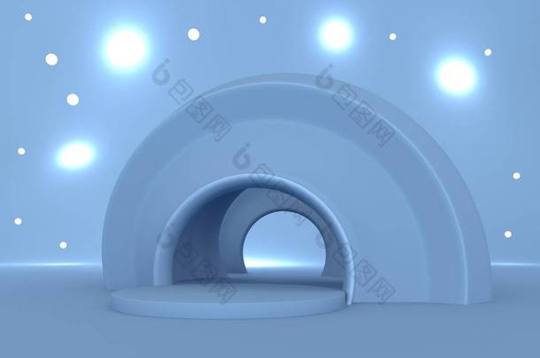 蓝色<strong>圆形</strong>拱形冷水3D渲染说明.带空格的数字背景.技术产品的<strong>舞台</strong>、平台.波状结构、形状、透视路径