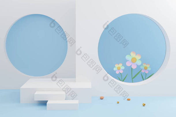 白色的舞台讲台上空荡荡的蓝色粉刷的花朵。夏季装饰概念，抽象展示<strong>背景</strong>，3D插图或3D渲染