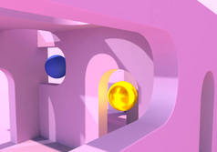 超现实的粉色建筑形式，以拱形和金球为背景。3D插图