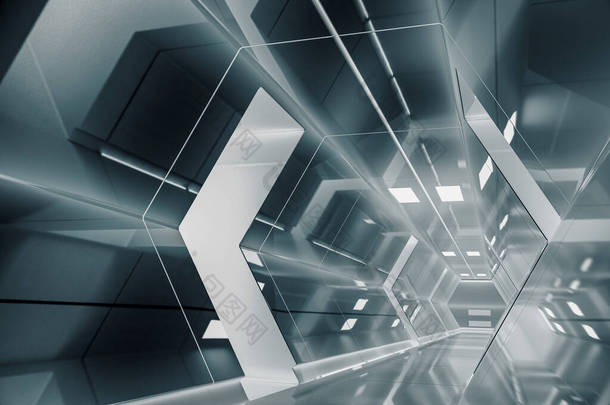 摘要六边形宇宙飞船走廊。有光的未来主义隧道未来的内部背景，商业，科幻小说科学概念。3d渲染