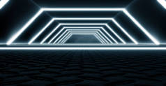 纽蓝光闪烁科幻未来派隧道。未来的宇宙飞船走廊。金属纹理和卷曲背景。科幻小说或科学概念。3D渲染