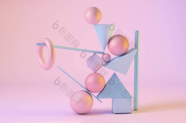 文摘:三维绘制了均衡几何形状的场景.球体，三角形，正方形，公牛，球果的粉红色和蓝色。垂直方向