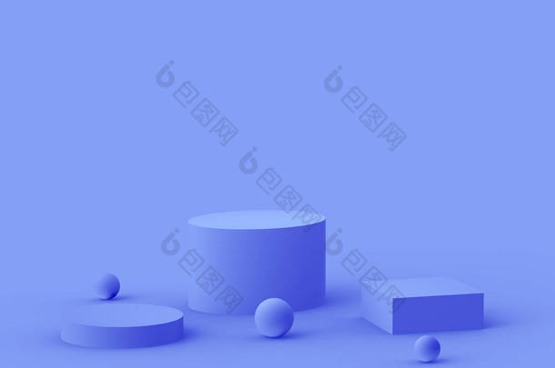 3D皇家蓝紫色平台最小工作室背景。摘要三维<strong>几何形</strong>体图解绘制.化妆品及美容美发产品展示.