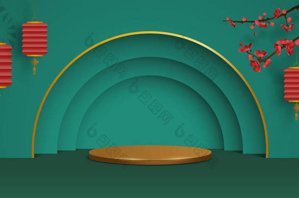 中秋月饼节主题平台场景3D图片说明，以纸张图片风格的东方节庆元素为背景，进行产品展示。设计的宽复制空间.