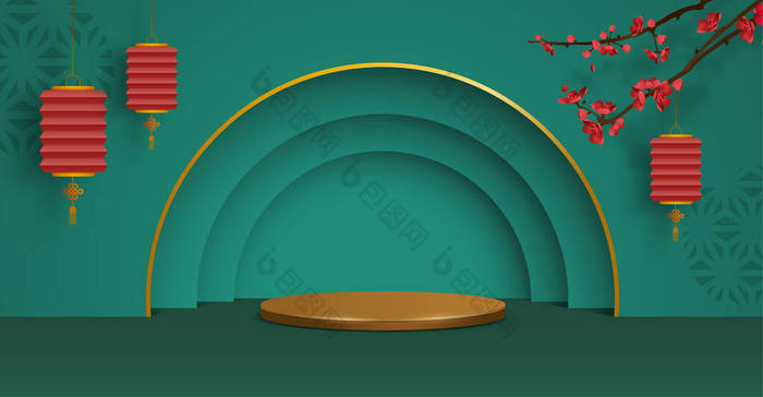 中秋月饼节主题平台场景3D图片说明，以纸张图片风格的东方节庆元素为背景，进行产品展示。设计的宽复制空间.