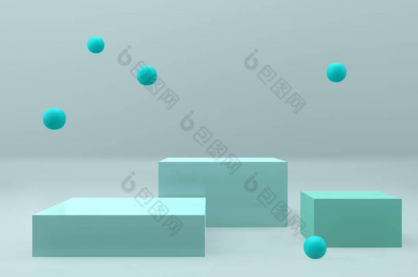 抽象最小场景与几何形式。方坛和球的软薄荷或蓝色。模拟现场,展示产品.<strong>陈列</strong>柜，店面，<strong>陈列</strong>柜。3d渲染
