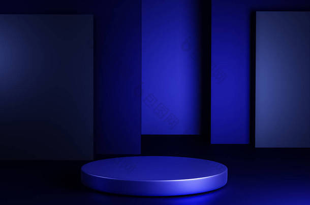 带有深蓝色讲台的场景，以简约风格和复制空间进行模拟演示，3D渲染抽象的背景设计