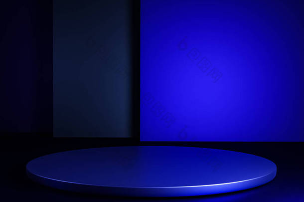 带有深蓝色讲台的场景，以简约风格和复制空间进行模拟演示，3D渲染抽象的背景设计