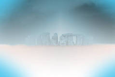 超现实的风景。大雾中的巨石阵。3D渲染
