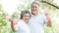快乐的爱着亚洲的老年男子和亚洲的老年女子，带着哑铃在公园里锻炼，他们带着健康的笑容- -老年夫妇的概念