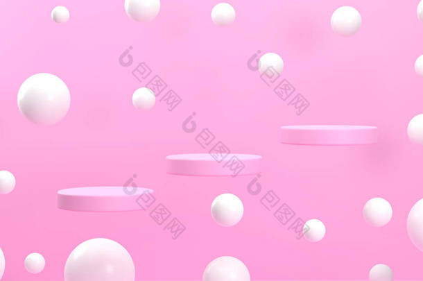 3D 。浮动圆形粉色讲台周围的白球增加兴趣，创造光泽。舞台模拟展示产品,销售,横幅,展示,化妆品,报盘.