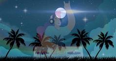 热带背景下在棕榈和月亮上演奏的dj的成分。夏天，音乐，异国情调和色彩概念数码生成的图像.