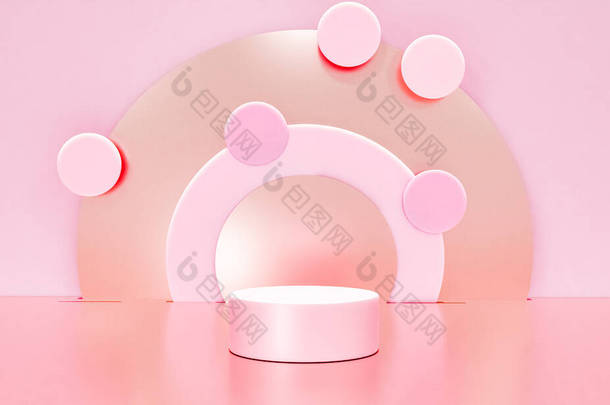 带有粉色彩色讲台的<strong>场景</strong>，以<strong>简约风</strong>格和复制空间进行模拟演示，3D渲染抽象的背景设计