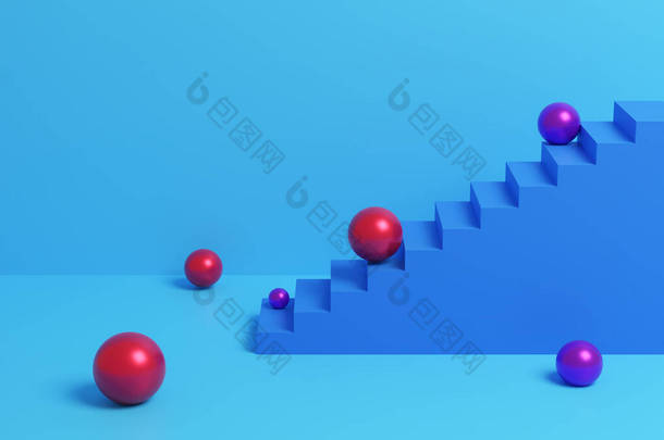 蓝色楼梯和红色<strong>球体</strong>。3D插图