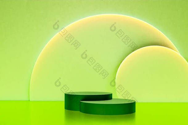 带绿色彩色讲台的场景，以简约风格和复制空间进行模拟演示，3D渲染抽象的背景设计