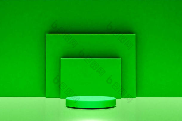 带绿色彩色讲台的场景，以简约风格和复制空间进行模拟演示，3D渲染抽象的背景设计
