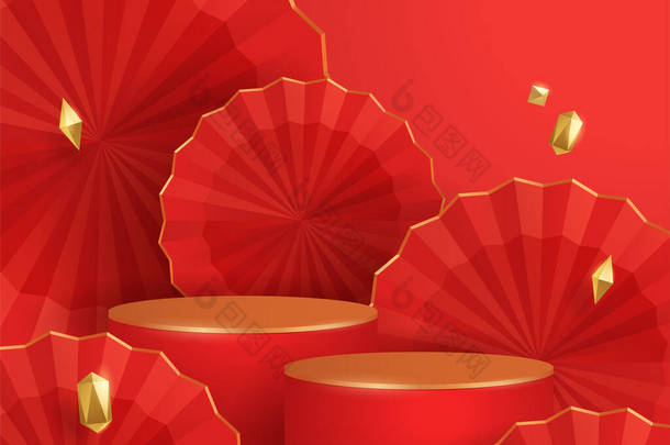 以东方节日<strong>元素</strong>的纸质图形风格为背景的中国农历新年红色和<strong>金</strong>色主题平台场景3D图<strong>片</strong>说明，作为产品展示的背景。设计的宽复制空间.